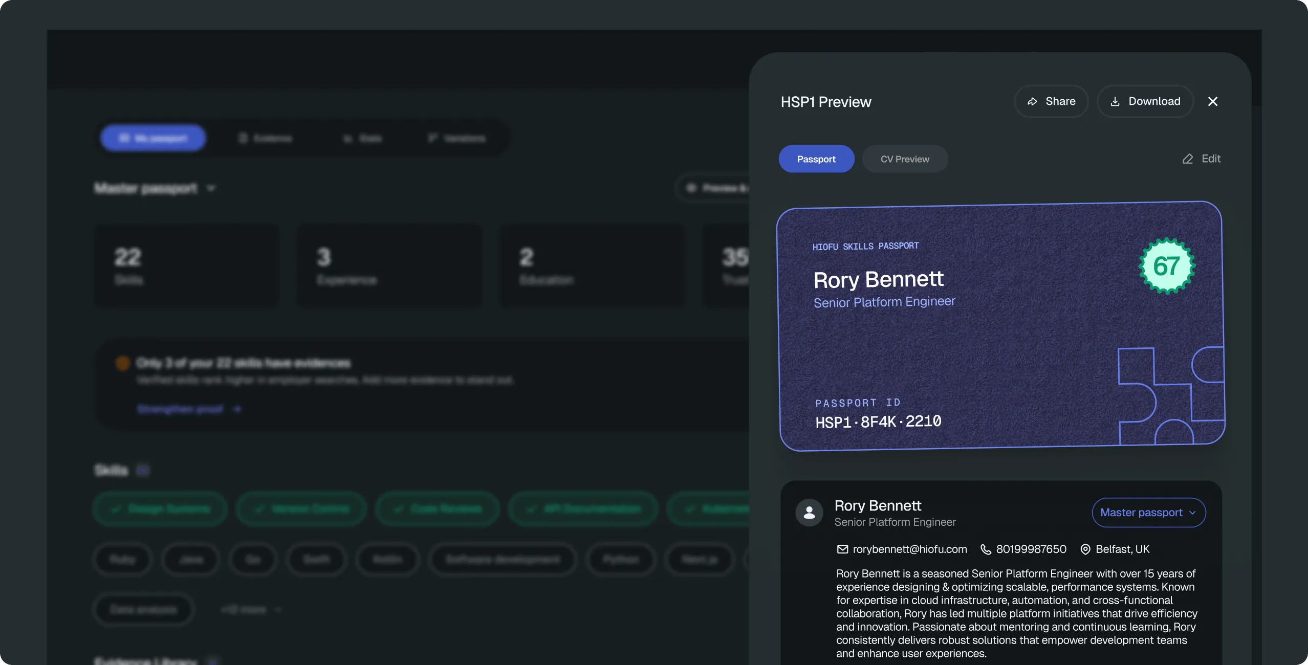 The HSP1 Verified Skills Passport preview showing a candidate's verified profile card